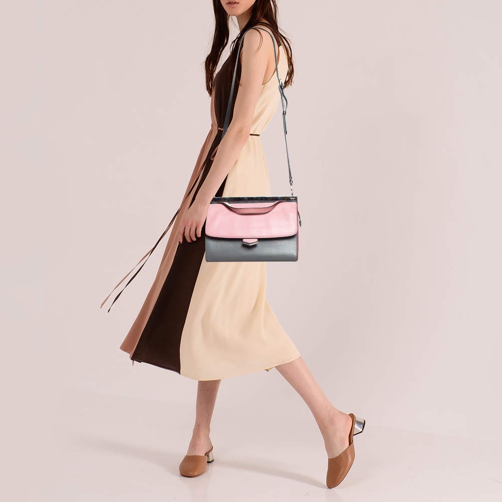 FENDI✨Demi Jour Top Handle Bag✨Pink Grey Red Leather✨Saffiano Satchel Crossbody - Picture 3 of 13